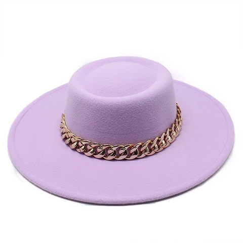 Elegant Wool Felt Boater Hat For Men Women Flat Top Wide Brim Fedora With Gold Metal Chain Fashion Jazz Party Sun Hat