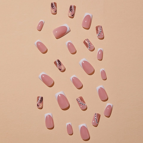 Uñas Postizas Francesas Cuadradas Rosas Manicura Artificial Con Diseño De Hojas Y Purpurina Para Mujeres Elegantes