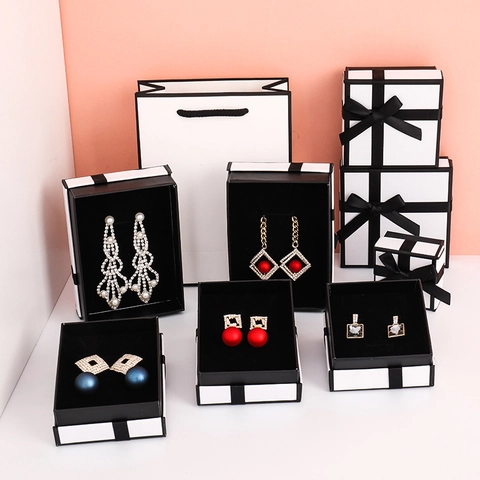 Jewelry Gift Box And Tote Bag For Necklace Earring Ring Elegant Paper Packaging With Satin Ribbon Bow Gold Foil Print