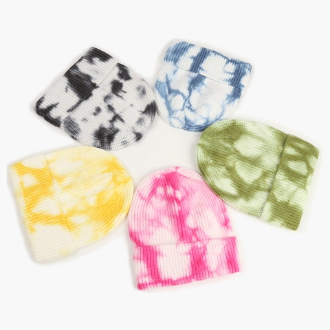 Bonnet En Maille Teinture Tie Dye Chaud Acrylique Polyester Nervuré À Revers Hiver Automne Pour Hommes Femmes