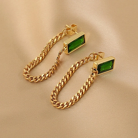 Pendientes Colgantes Geométricos De Cristal Verde Esmeralda Vintage Con Poste De Plata De Ley 925 Cadena De Aleación