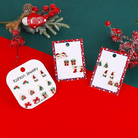 Christmas Stud Earrings Alloy Enamel Drip Oil Santa Claus Tree Bells Rhinestone Festive Holiday Jewelry For Women