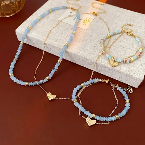 Collana E Bracciale Con Ciondolo A Cuore Con Perle Di Acquamarina Blu E Catena In Lega Texturizzata Gioielli Per Donna
