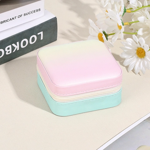 Joyero Color Degradado Macarrón Cuero PU Organizador De Viaje Portátil Con Espejo Cremallera Para Anillos Pendientes