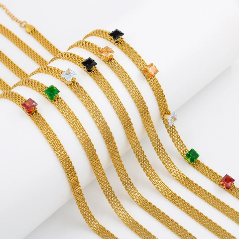 Collier En Acier Inoxydable Plaqué Or 18K Mailles Filet Avec Zircon Carré Pour Femmes Collier Ras Du Cou En Zirconia Incrusté Bijoux Cadeau