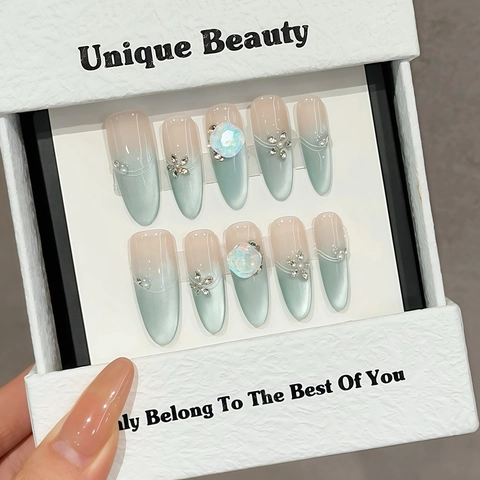 Handmade Cat Eye Press On Nails Blue Green Gradient 3D Metallic Flower Artificial Pearl Rhinestone Long Stiletto Fake Nails