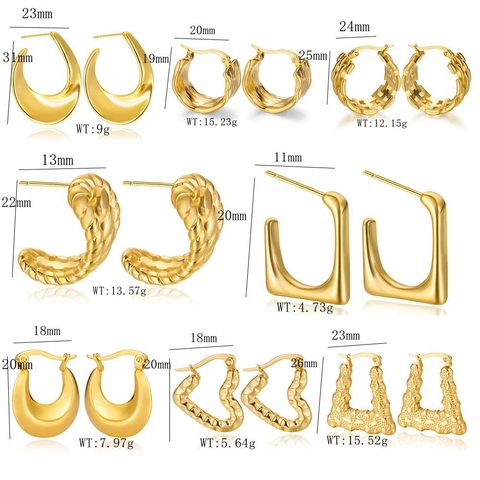 Geometric Hoop Earrings Stainless Steel Gold Plated Minimalist Textured Trendy Fashion Jewelry Accessory For Women