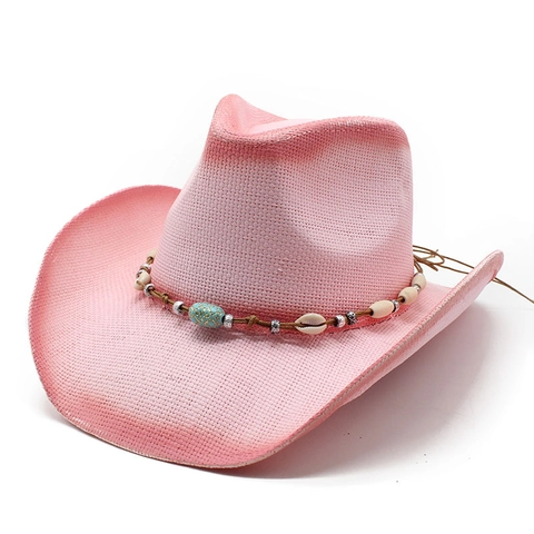Sombrero De Vaquero De Paja Mujeres Degradado Ala Ancha Protección Solar Bohemio Étnico Concha Turquesa Decoración Playa