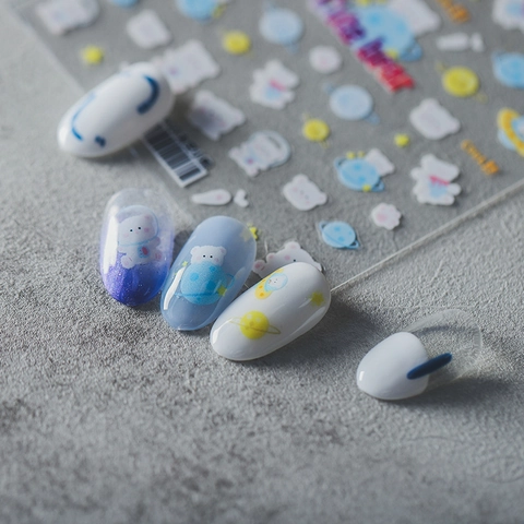 Space Bear Nail Art Stickers Cartoon Planet Star Pattern Thin Transparent Self Adhesive Manicure Decoration DIY Accessories