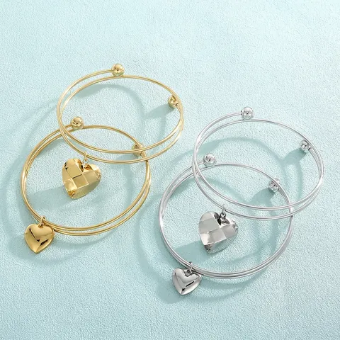 Minimalist Stainless Steel Double Layer Open Bangle With Heart Charm Gold Silver Polished Heart Bangle For Women Jewelry Gift