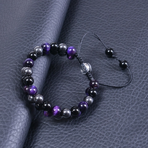 Tijgeroog Obsidiaan Hematiet Triple Protection Armband Dubbellaags Gevlochten Verstelbaar Steen Sieraden Voor Heren Dames