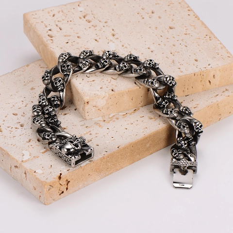 Pulsera De Cadena De Calavera Para Hombre Acero Inoxidable 304 Punk Gótico Retro Doble Fila Joyería Heavy Metal Para Hombre Accesorio