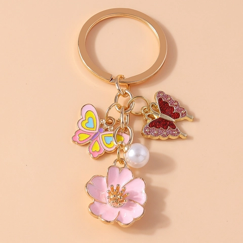 Schmetterling Kirschblüte Schlüsselanhänger Legierung Emaille Künstliche Perle Pastoraler Stil Süßer Blumen Bag Charm Damen