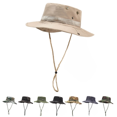 Outdoor Sun Protection Boonie Hat Wide Brim Foldable Polyester Fisherman Cap With Adjustable Chin Strap For Fishing Hiking