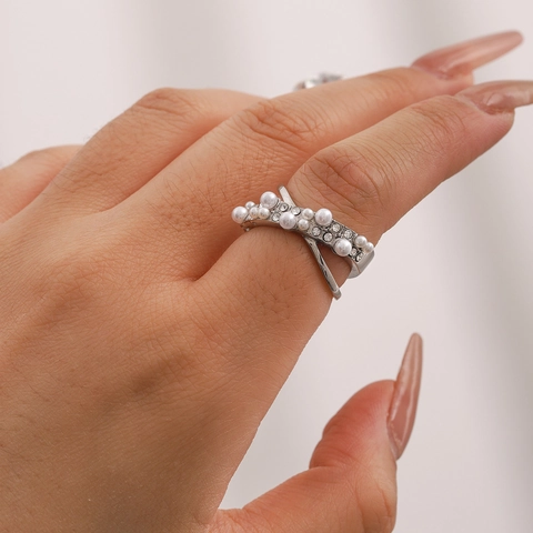 Anello Incrociato In Acciaio Inossidabile Con Perla Artificial Sintetica E Strass Forma A X Gioielli Eleganti Da Donna