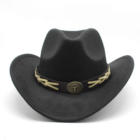Western Cowboy Hat Wool Felt Vintage Wide Brim With Leather Band Metal Bull Head Decoration For Men Women