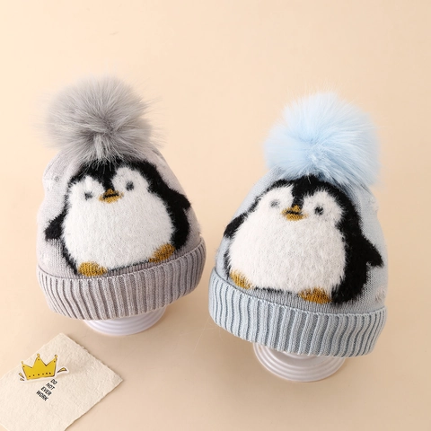 Kids Winter Knitted Beanie Hat With Penguin Pattern Faux Fur Pom Pom Thickened Fleece Lining Warm Windproof Outdoor