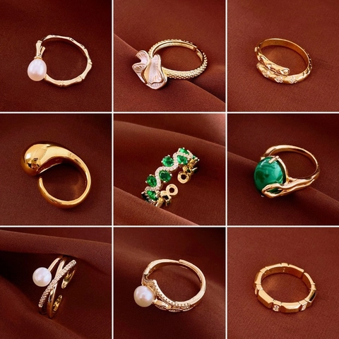 Adjustable Open Ring Copper Gold Plated Vintage Elegant Geometric Flower Design Zircon Inlaid Jewelry For Women