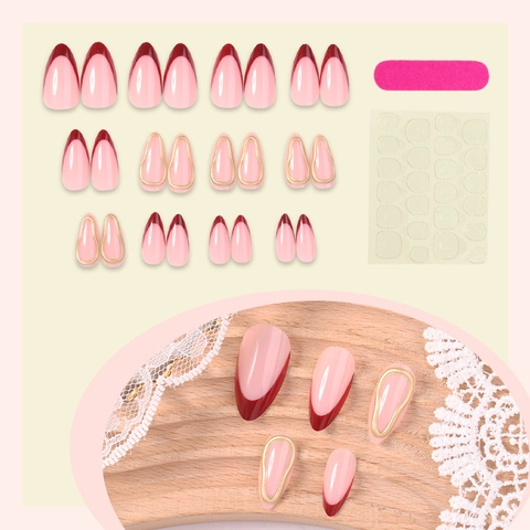 Luxe Lange Amandel Plaknags French Dieprode Punten 3D Gouden Golvende Lijnen Elegante Kunstnagels Voor Vrouwen
