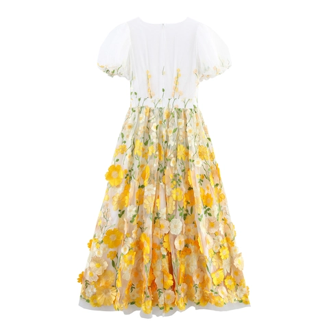 Robe Maxi Femme Élégante Col V Manches Bouffantes Broderie Florale 3D Tulle Maille Robe De Soirée Fleurie