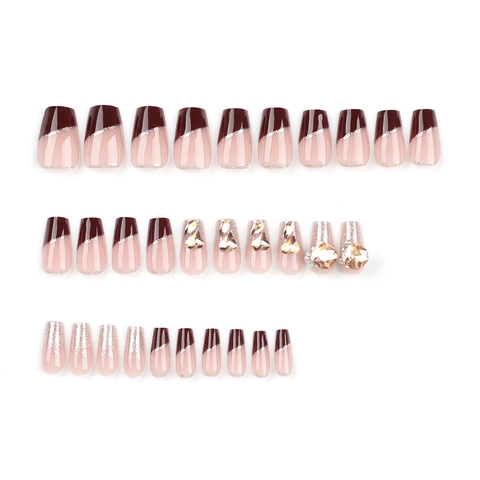 Unghie Finte Di Lusso Rosso Francese Glitter Champagne Strass Forma Bara Lunga Manicure Lucida Per Donne