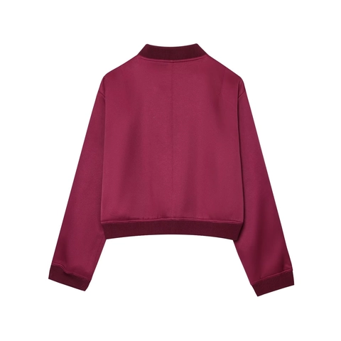 Women Casual Loose Baseball Jacket Wine Red Snap Button Ribbed Long Sleeve Outerwear With Large Pockets For Spring