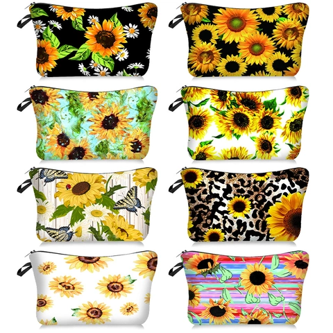 Sunflower Floral Print Makeup Bag Polyester Zipper Waterproof Travel Toiletry Organizer Portable Wristlet For Women