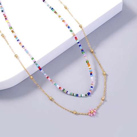 Collier Multirang Bohème En Perles De Rocaille Colorées Et Cuivre Avec Pendentif Fleur Rose Style Plage