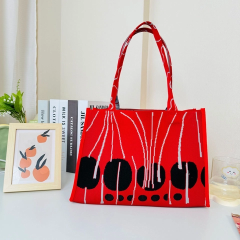 Strick Tragetasche Damen Polyester Strick Handtasche Abstraktes Punkt Linien Muster Große Kapazität Lässige Einkaufstasche
