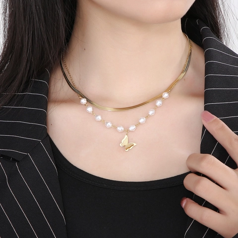 Collana Sovrapposta Acciaio Inossidabile Perla Artificiale Farfalla Cuore Pendente Placcato Oro Catena A Serpente Gioielli Donna