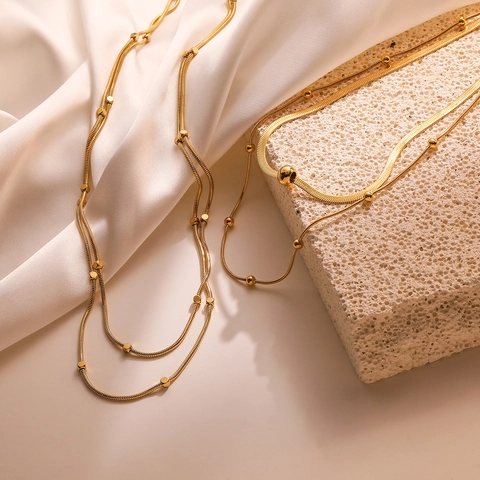 Collana A Doppio Strato In Acciaio Al Titanio Placcato Oro Catena A Serpente Con Perline Di Metallo Gioielli Minimalisti Per Donna