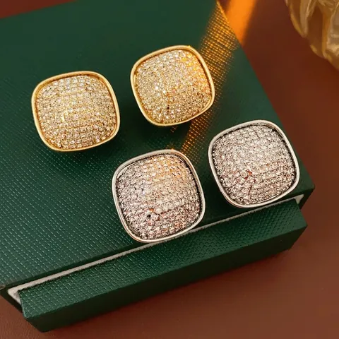 Square Stud Earrings Alloy Zircon Micro Pavé With Silver Earring Post Luxury Minimalist Geometric For Women