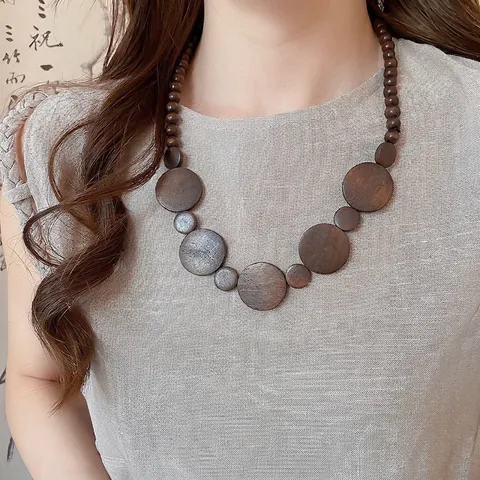 Collar De Cuentas De Madera Vintage Para Mujer Colgante Redondo Geométrico Étnico Joyería Retro Boho