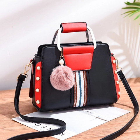 Contrast Color Women Shoulder Bag PU Leather Artificial Pearl Rivet Decor Pom Pom Pendant Striped Ribbon Fashion Handbag