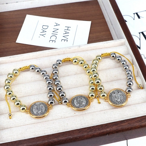 Vintage Saint Benedict Medal Pendant Adjustable Weave Cord Bead Bracelet For Men Women Copper Gold Silver Plated Jewelry
