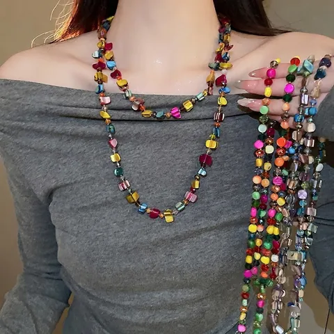 Bohemian Layered Natural Shell Beaded Necklace Irregular Square Slices Vintage Geometric Choker For Women