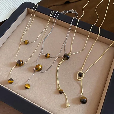 Copper Tiger's Eye Stone Pendant Necklace Retro Minimalist Double Layer Long Adjustable Chain Jewelry For Women