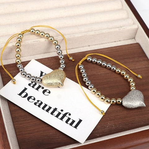 Minimalist Copper Beaded Bracelet Women Adjustable Drawstring Matte Heart Pendant Gold Silver Plated Fashion Jewelry Gift