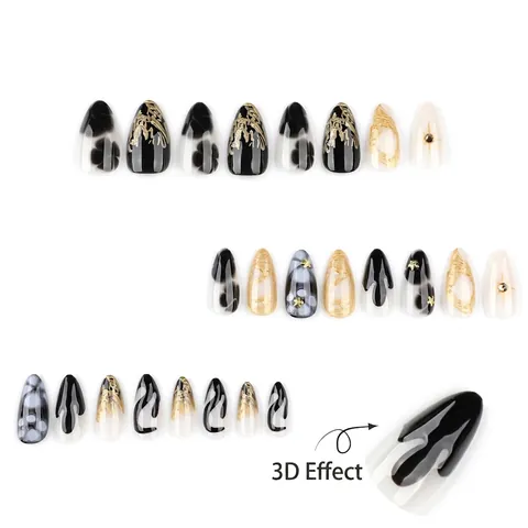 Unghie Finte Mandorla Stiletto Fiore Nero 3D Rilievo Foglia Oro Marmo Inchiostro Lucido Unghie Artificiali
