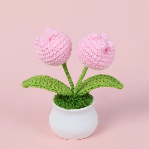 Handmade Crochet Tulip Potted Plant Double Flower Desktop Ornament Artificial Knitted Flower Gift For Home Office Decoration