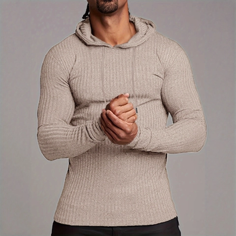 Men's Slim Fit Ribbed Knitted Hooded Pullover Long Sleeve Sports Gym Fitness Sweatshirt Casual Solid Color Drawstring