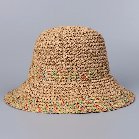 Women's Resort Style Handmade Crochet Paper Straw Hat Foldable Wide Brim Sun Hat With Multi-Color Thread For Summer Beach