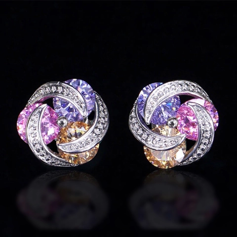 Colorful Zircon Flower Stud Earrings Elegant Copper Spiral Floral Design Jewelry For Women Stylish Accessory