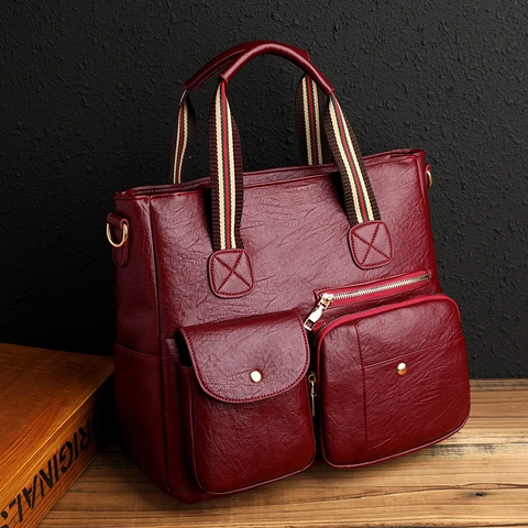 Borsa A Mano In Pelle PU Grande Capacità Multi Tasche Borsa A Tracolla Retrò Manici A Righe Borsa Tote Quotidiana