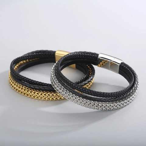 Pulsera De Cuero Genuino Trenzado Multicapa Con Cadena De Acero Inoxidable Y Cierre Magnético Para Hombres