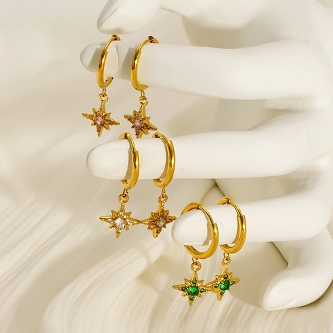 Orecchini A Cerchio Huggie A Stella Acciaio Inossidabile 304 Placcato Oro 18K Con Pendente A Stella In Zircone Per Donna