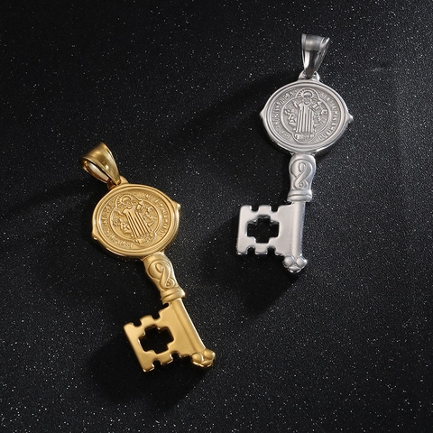 Sint Benedictus Medaille Sleutel Hanger Roestvrij Staal Religieus Kruis Vintage Hip Hop Sieraden Voor Heren