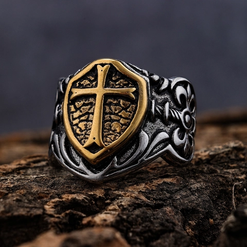 Anello A Scudo Con Croce Da Uomo In Acciaio Inossidabile Retrò Bicolore Gotico Hip Hop Gioielli