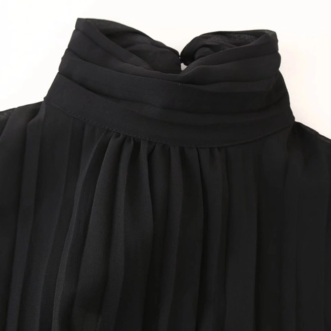 Elegant Black Chiffon Pleated Mini Dress For Women Long Sleeve Stand Collar Tie Waist Bodycon Commute Dress