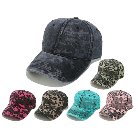 Leopard Print Camo Baseball Cap Gewaschene Baumwolle Distressed Retro Dad Hat Gebogener Schirm Verstellbar Streetwear Für Damen Herren